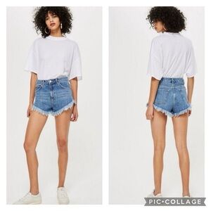 Topshop Moto Kiri Denim Shorts Cheeky Blue High Waist Fray Hem 8 Festival